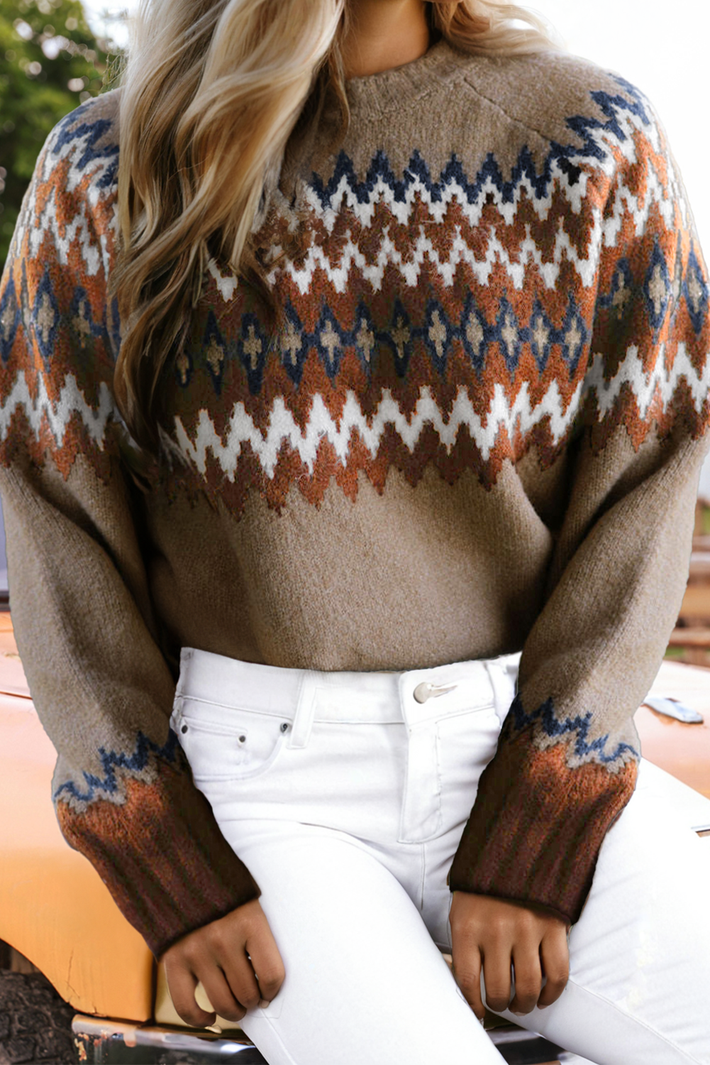 Fashion-W Western Colorblock Crew Neck Sweater
