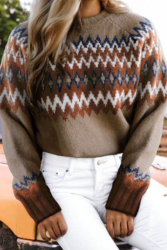 Fashion-W Western Colorblock Crew Neck Sweater