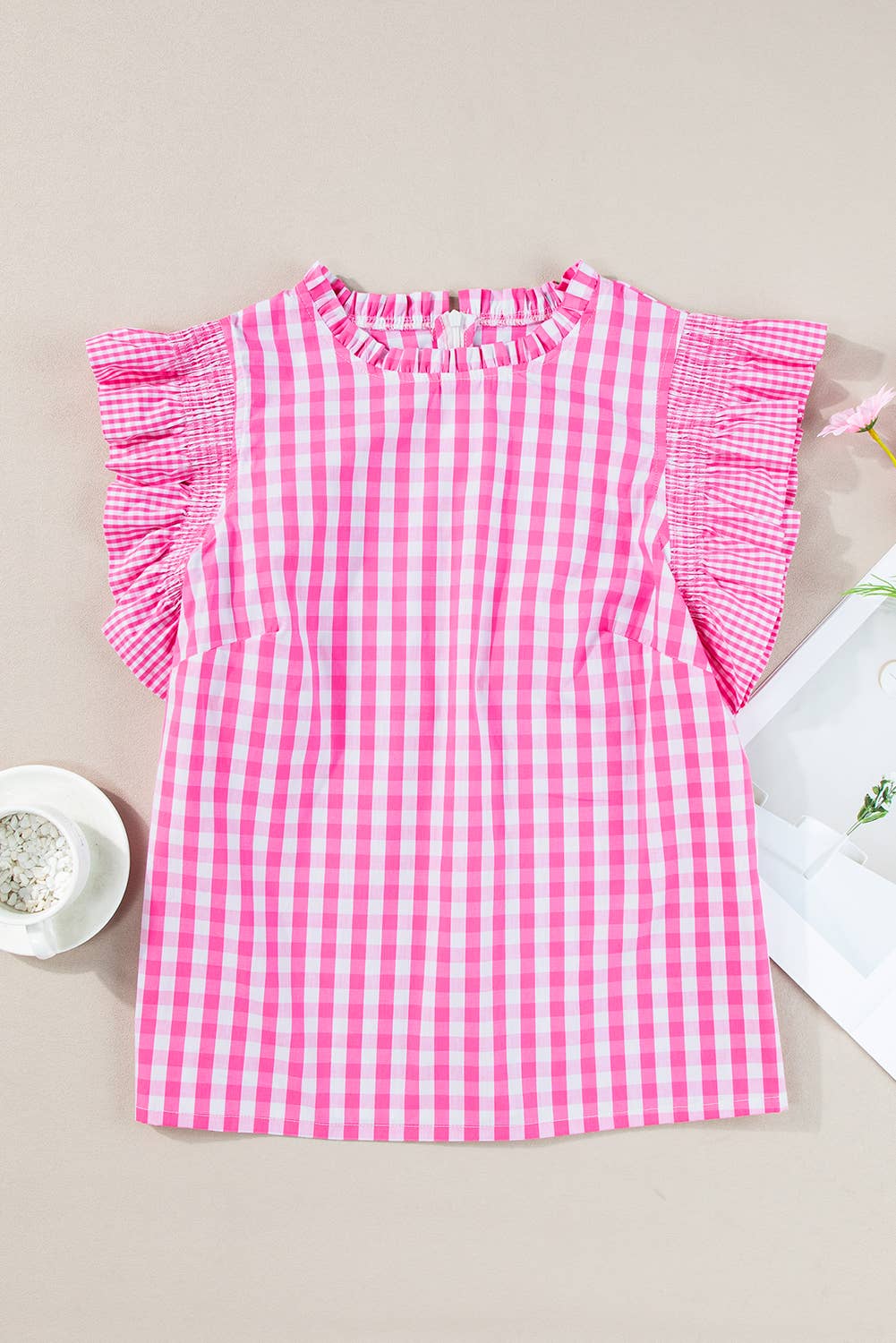 Gingham Plaid Ruffle Sleeve Blouse