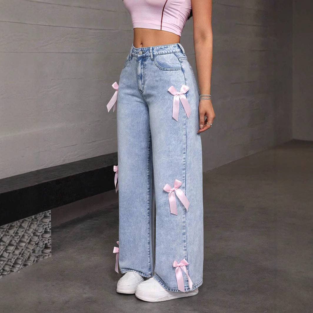 Bow Decoration Washed Street Straight Leg Jeans DP25A488