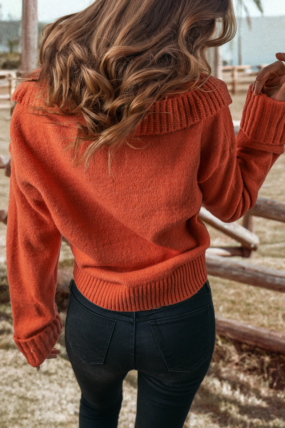 Fashion-W Collared V Neck Ribbed Edge Sexy Elegant Sweater