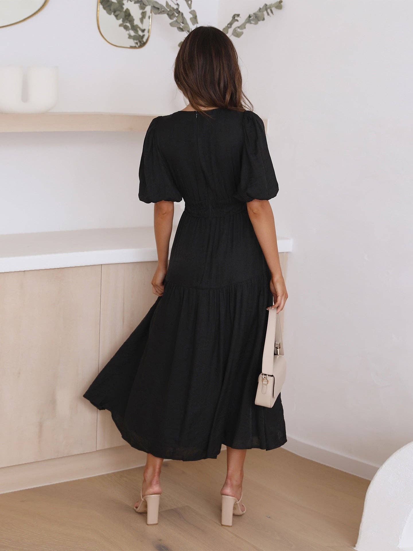 Ladies Bubble Sleeves V-Neck Daily Midi Dress GQRM