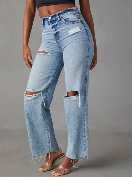 Ripped Denim Jeans with Rough Edges