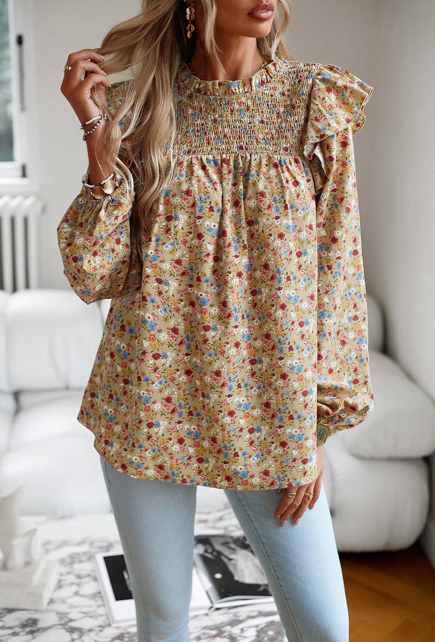 Women Blouses Mock Neck Ruffle Puff Sleeve