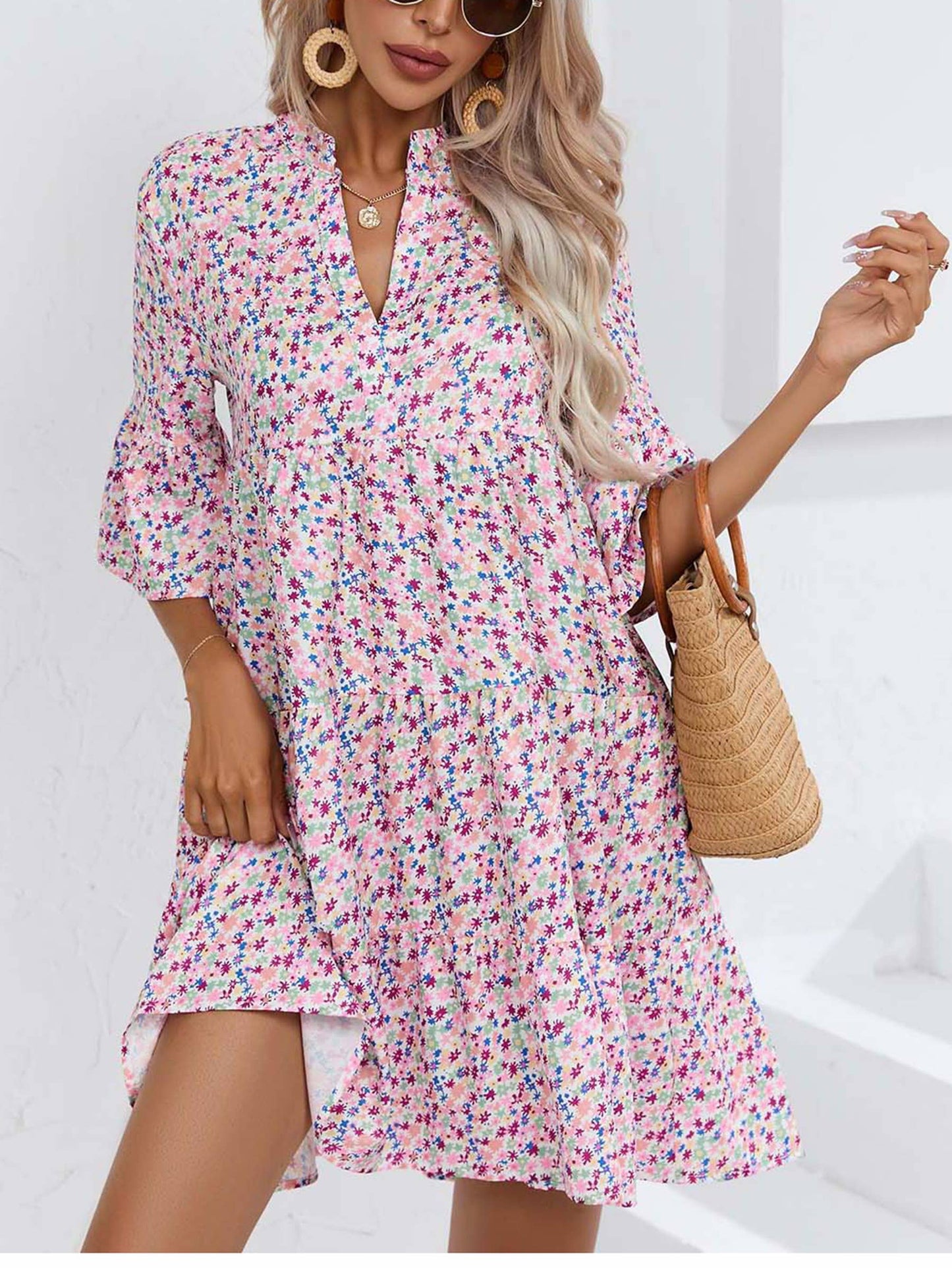 Loose V-neck Casual Short Dress