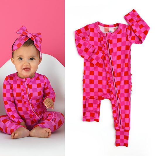 Sydney Pink Checks Ruffle Zip Bamboo Valentines Day