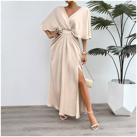 Chic Solid Color V-Neck Batwing Sleeve Maxi Dress