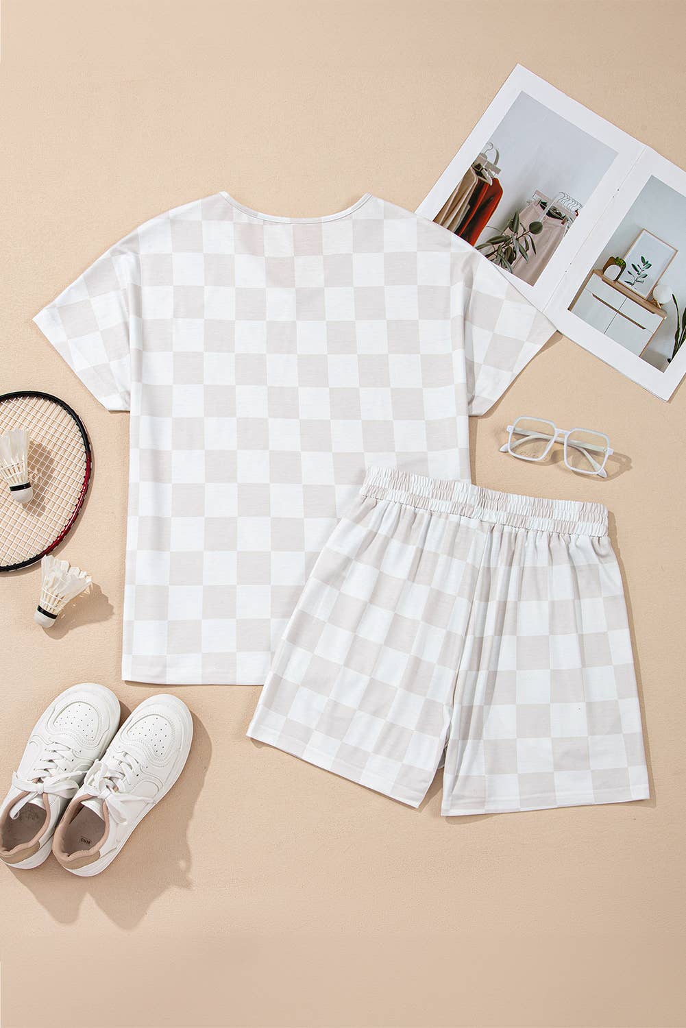 Checkered V Neck Tee and Drawstring Shorts Lounge Set