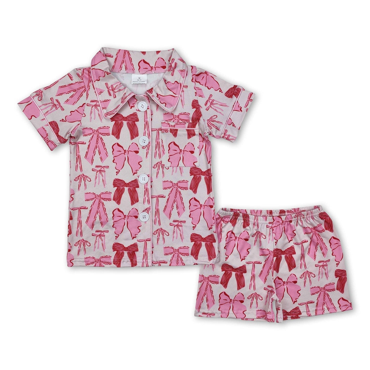 Short sleeves bow baby girls button down pajamas