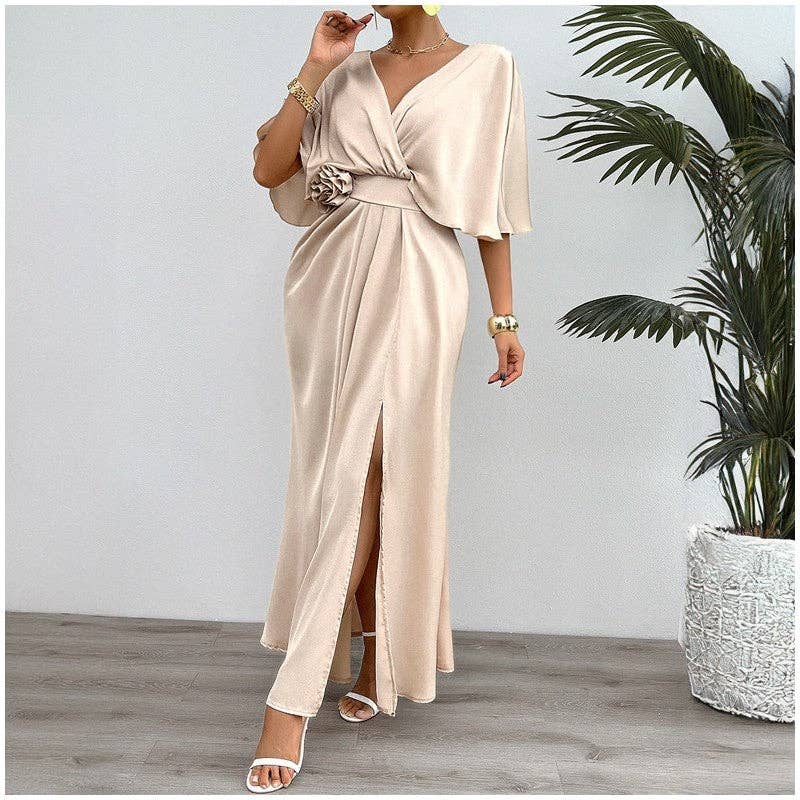 Chic Solid Color V-Neck Batwing Sleeve Maxi Dress