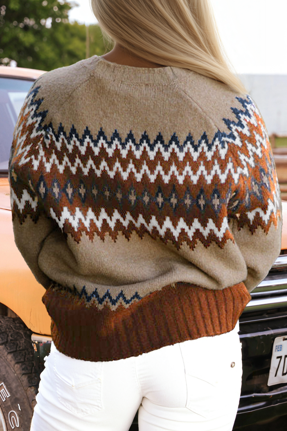 Fashion-W Western Colorblock Crew Neck Sweater