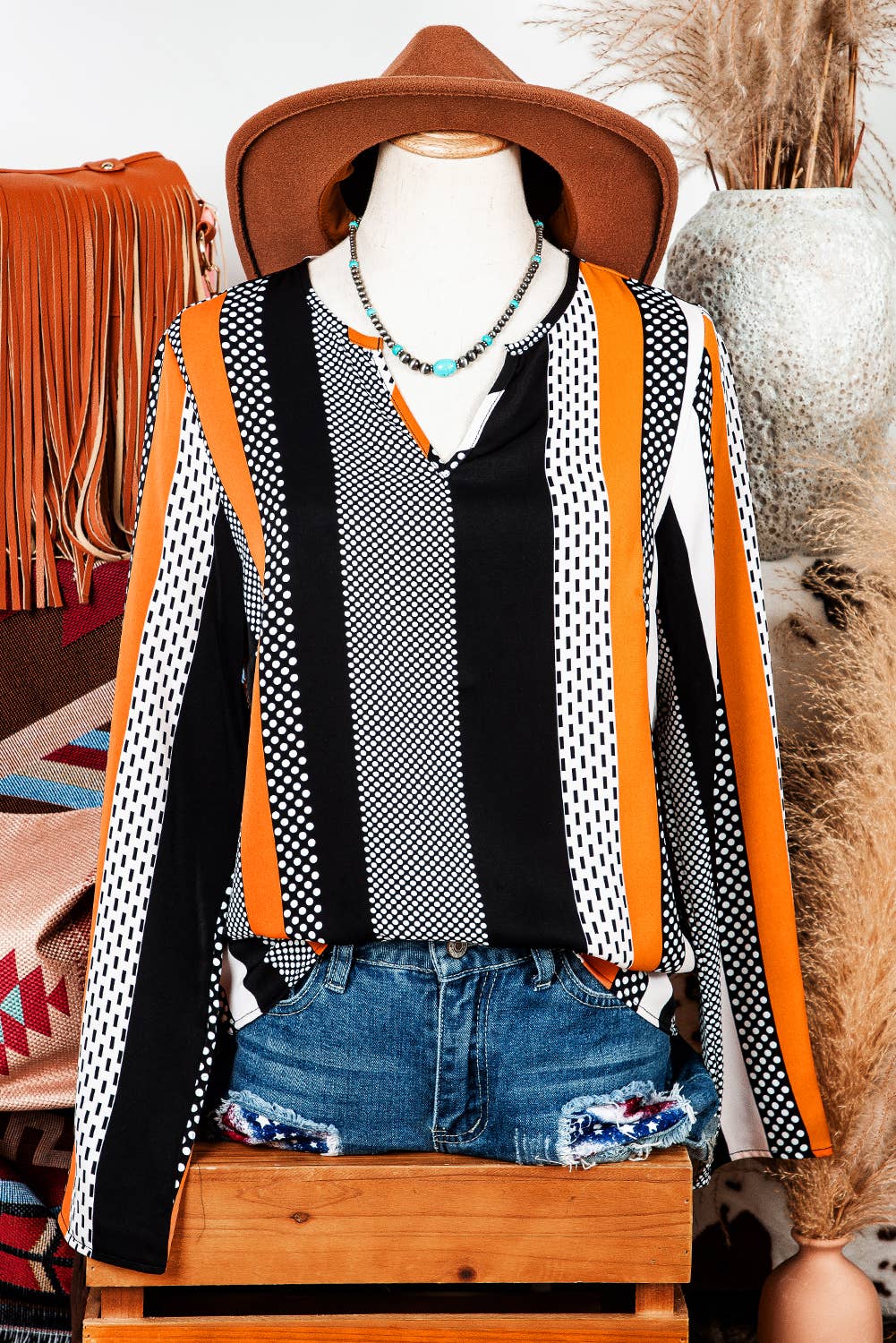 Fashion-W Geo Colorblock Notched V Neck Blouse