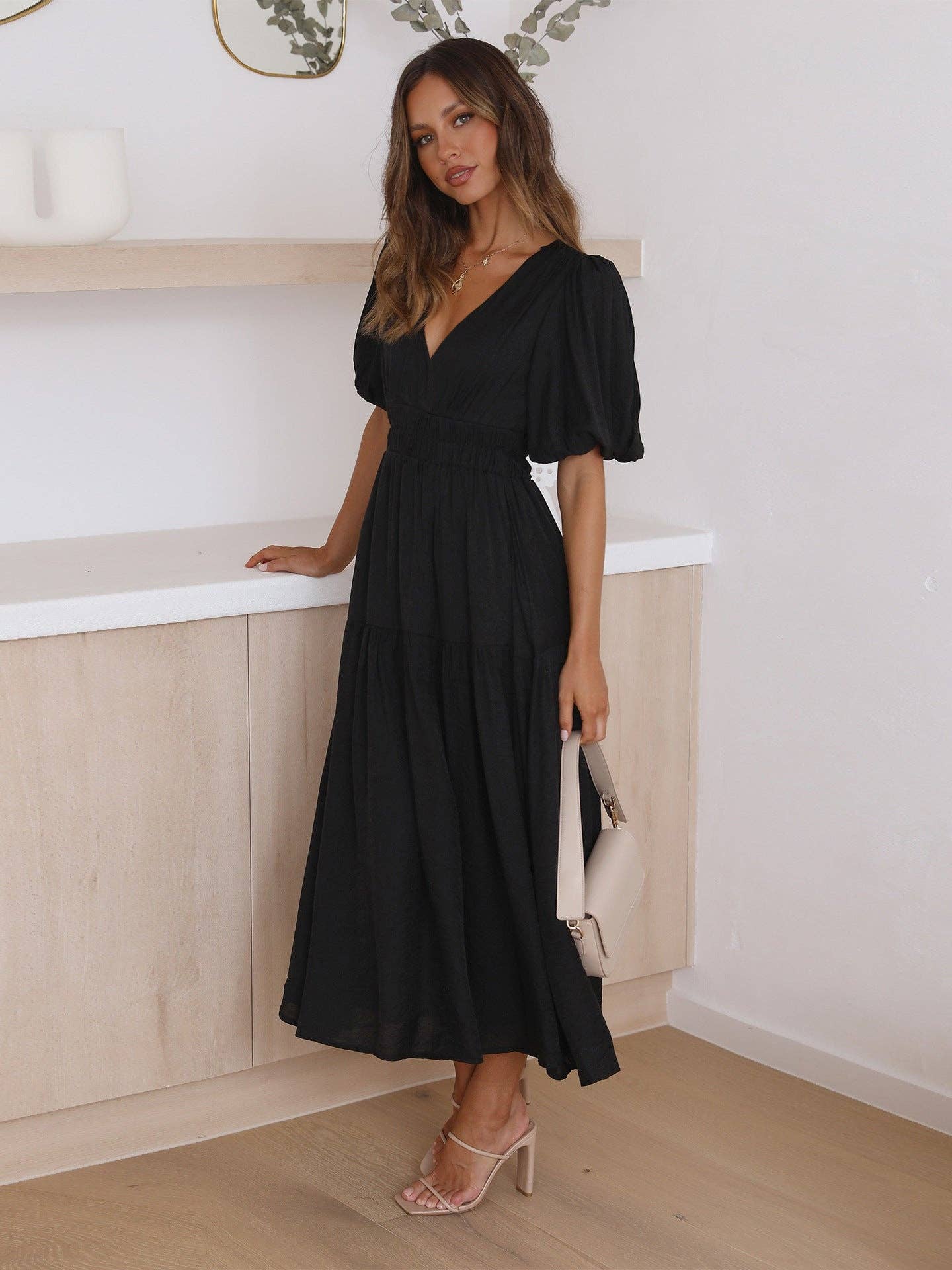 Ladies Bubble Sleeves V-Neck Daily Midi Dress GQRM