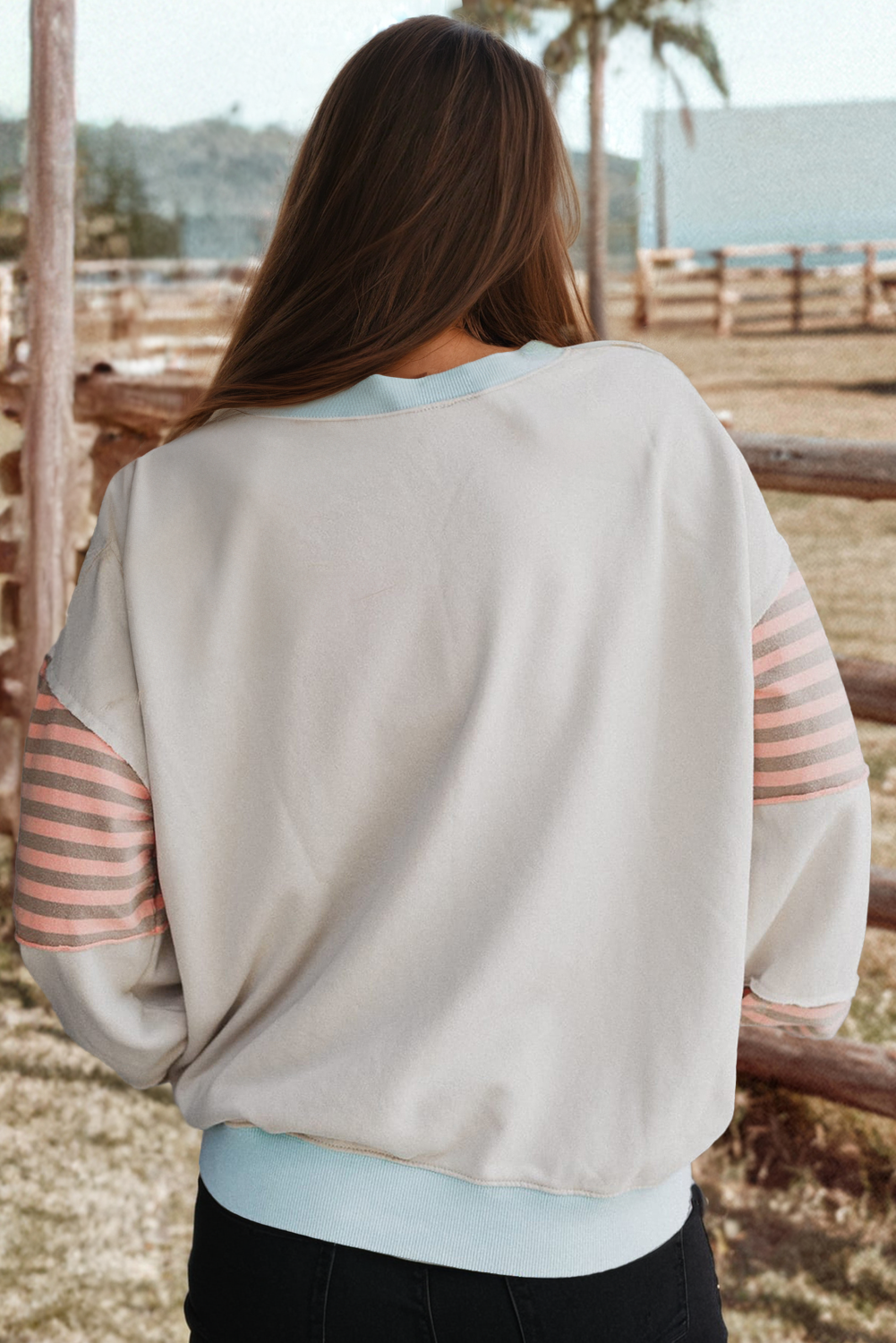 Fashion-W Striped Colorblock Drop Shoulder Sweatshirt