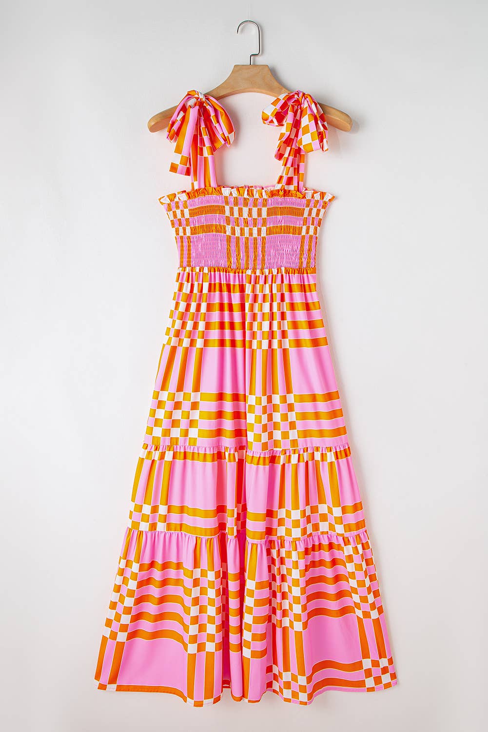 Women Boho Plaid Print Tied Straps Smocked Maxi Dress