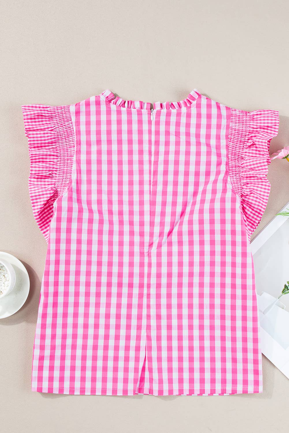 Gingham Plaid Ruffle Sleeve Blouse