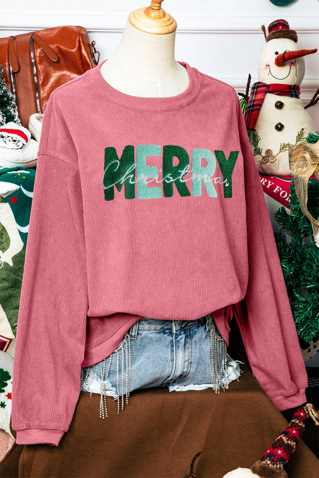 MERRY Christmas Chenille Embroidered Corded Sweatshirt