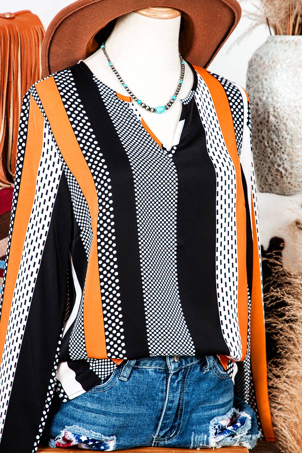 Fashion-W Geo Colorblock Notched V Neck Blouse