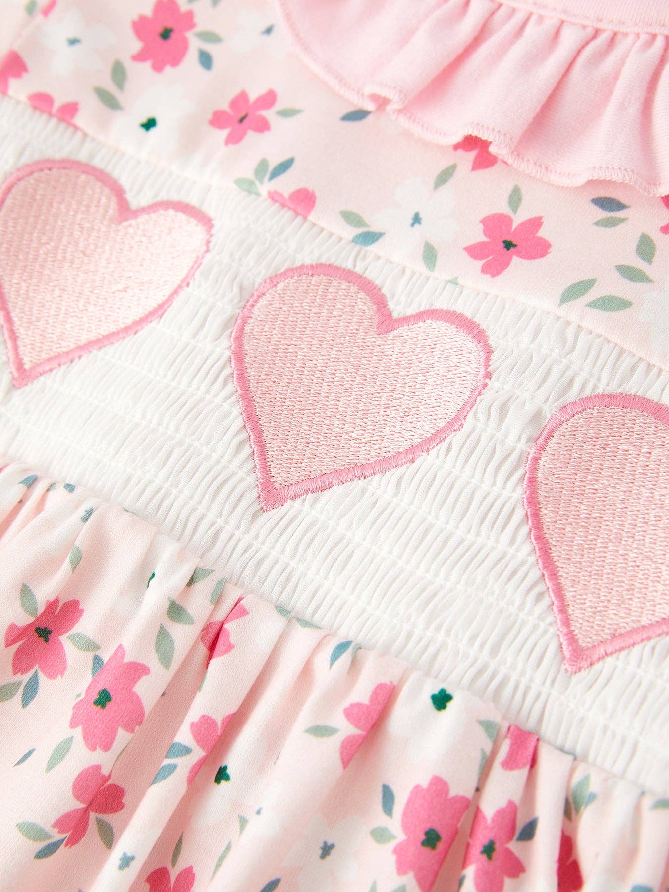 Valentine's Day Heart Smocking Embroidery Short Sleeve Girls Outfits Set