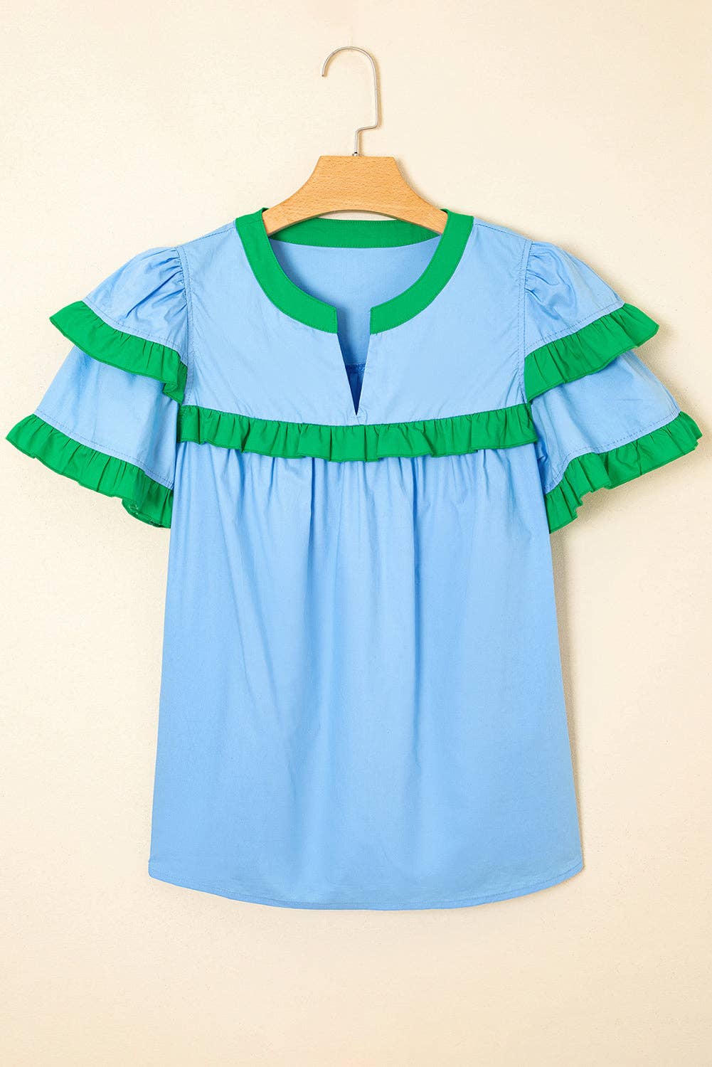 Colorblock Ruffle Sleeve Summer Blouse