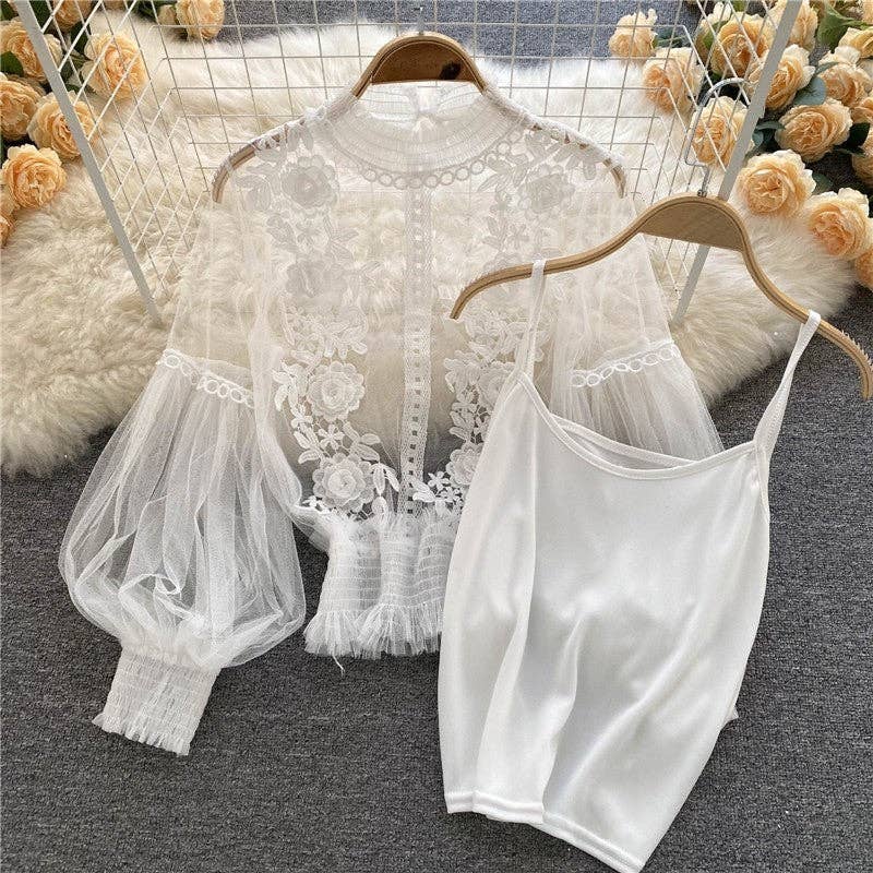 Sheer Lantern Sleeve Floral Collage 3D Mesh Top