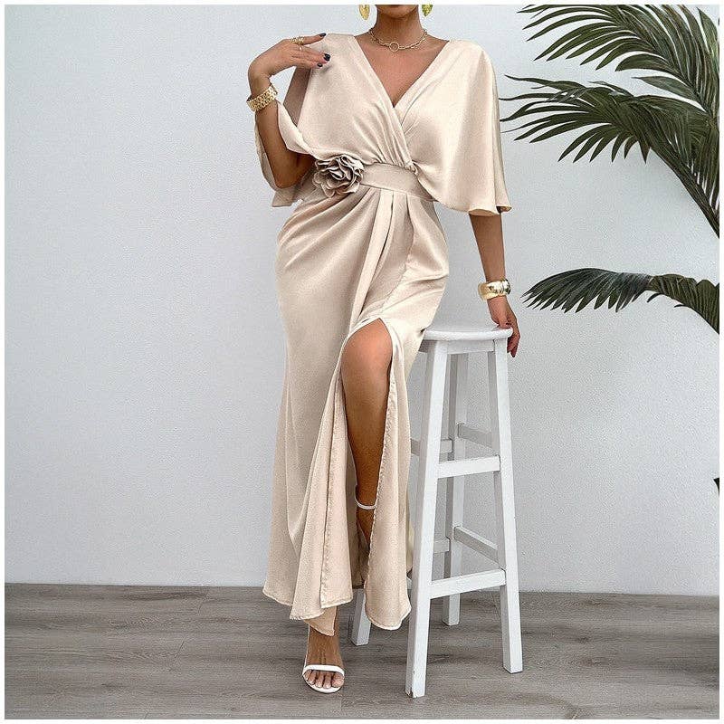 Chic Solid Color V-Neck Batwing Sleeve Maxi Dress