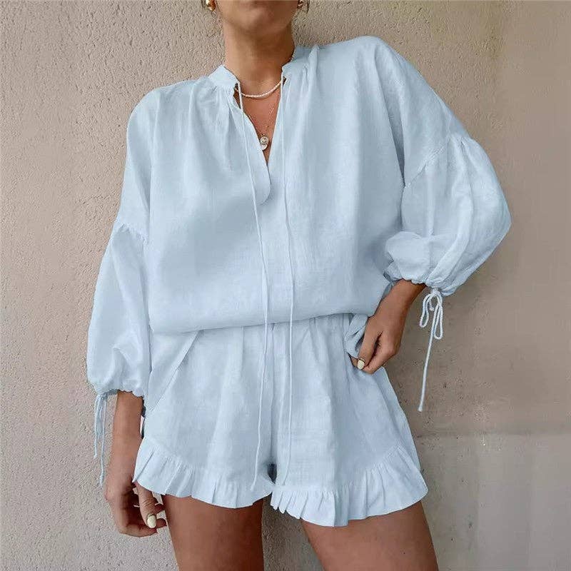 Relaxed Fit V-Neck Lantern Sleeve Solid Color Shorts Set