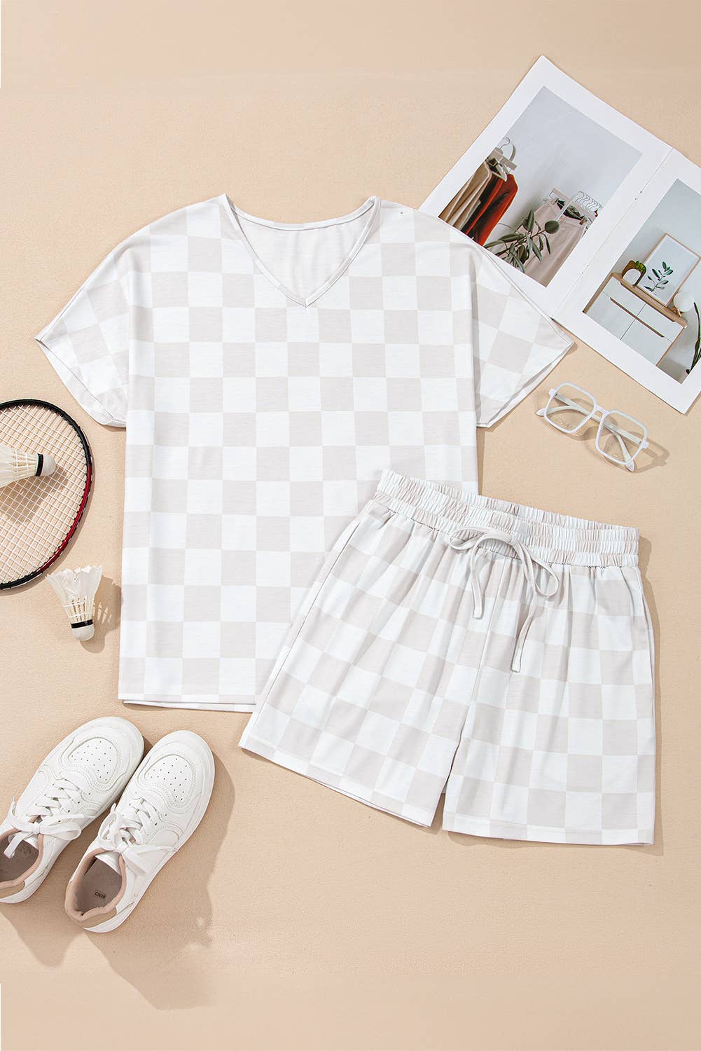 Checkered V Neck Tee and Drawstring Shorts Lounge Set