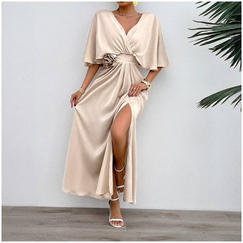 Chic Solid Color V-Neck Batwing Sleeve Maxi Dress