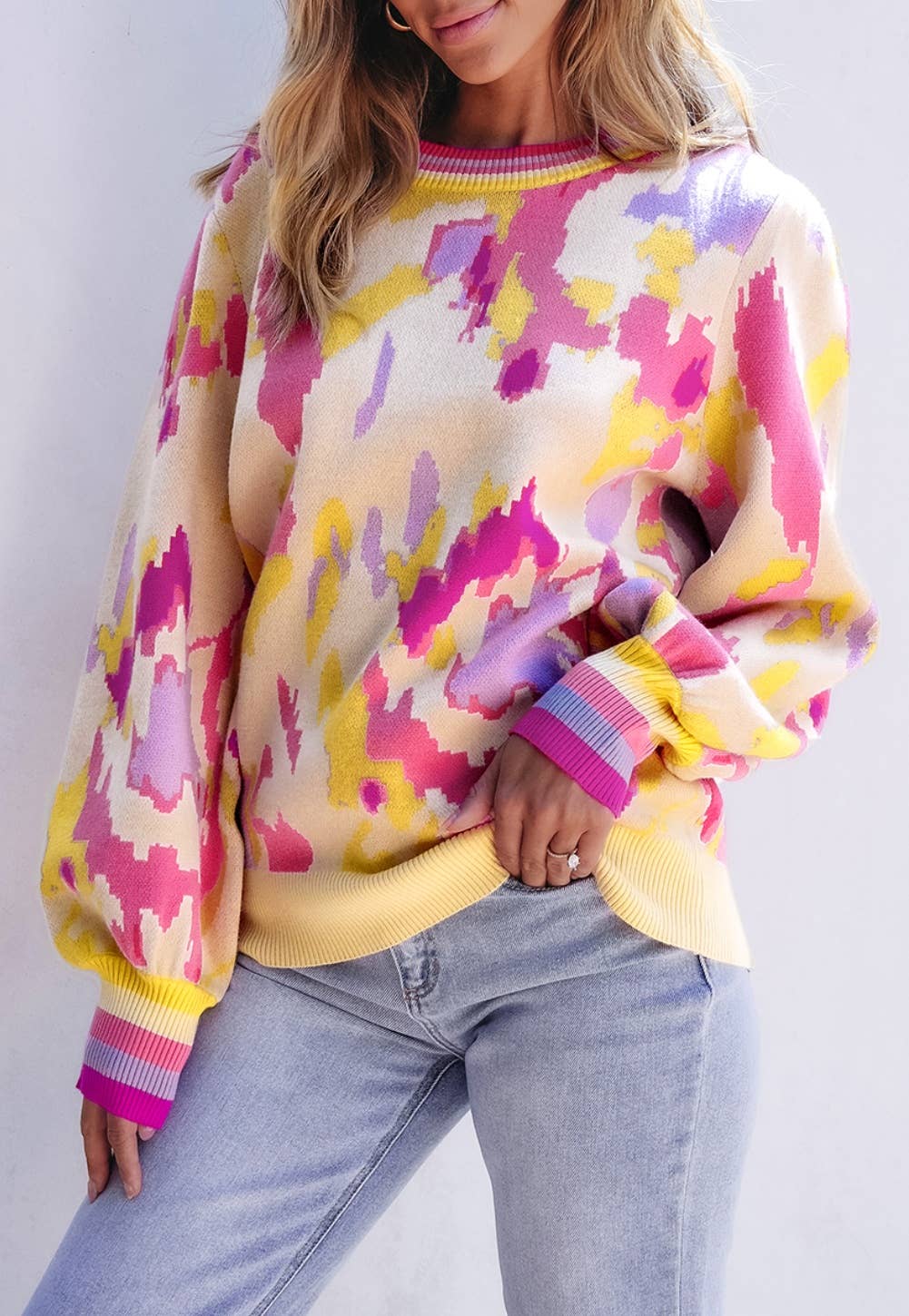 LDC Abstract Print Colorblock Balloon Sleeve Sweater