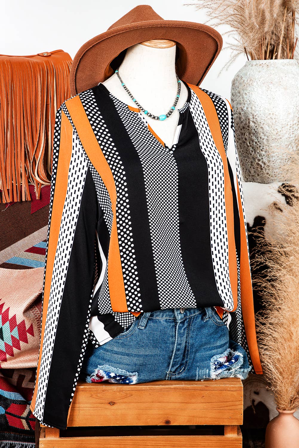 Fashion-W Geo Colorblock Notched V Neck Blouse