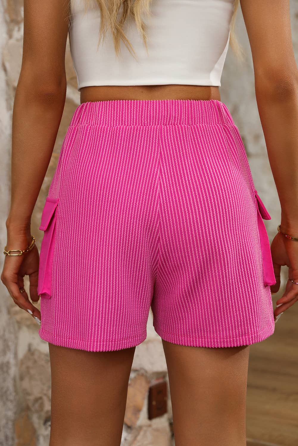 Women Bright Pink Cargo Square Pockets Shorts