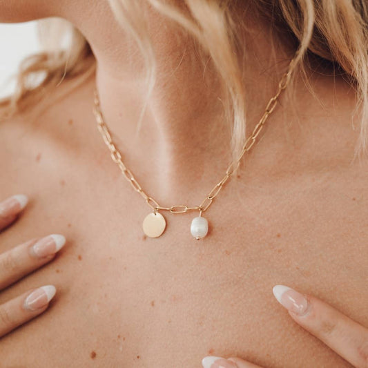 Not-Your-Average Pearl Chain and Disc Charm Necklace WATERPROOF